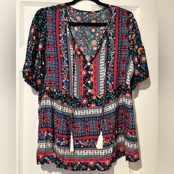 Women’s Casual Boho Floral V Neck Printed Bohemian Blouse - Multicolor - Picture 2 of 16